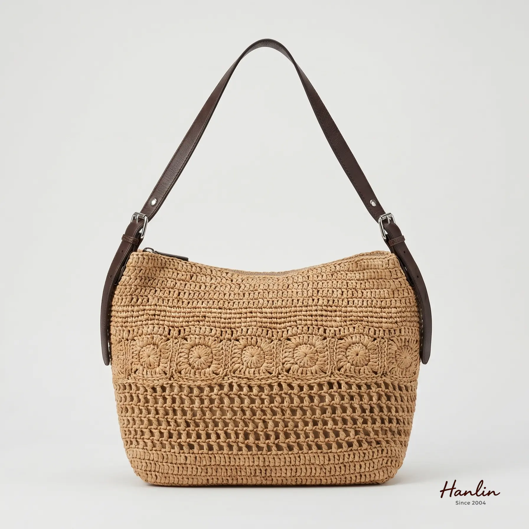 Woven Straw Shoulder Bag with Crochet Detailing