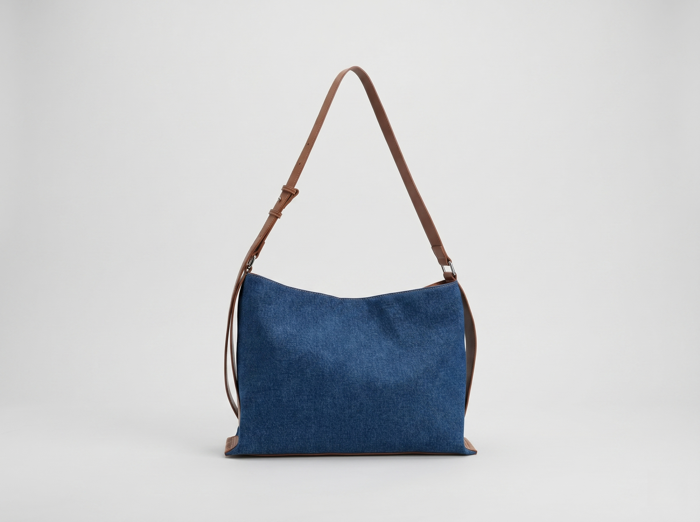 Blue Denim Shoulder Bag with Brown Leather Strap