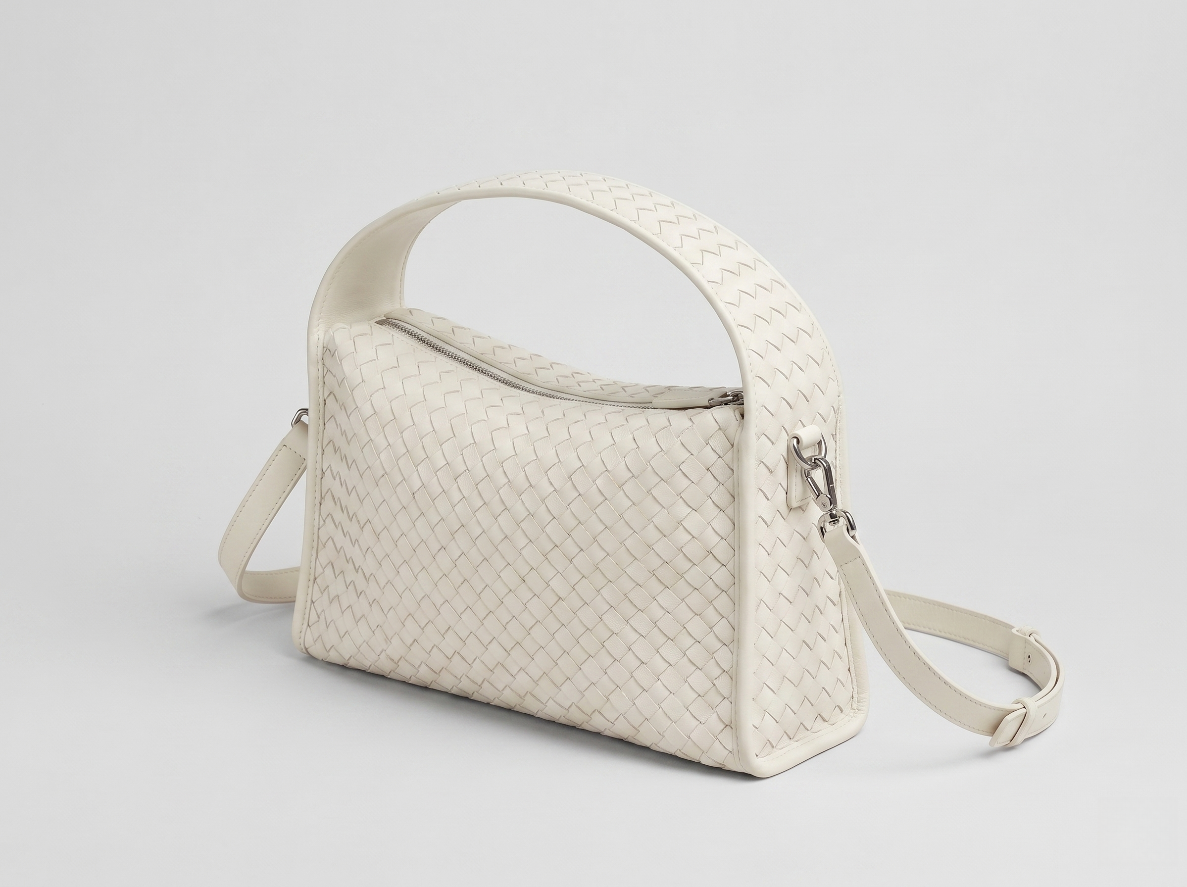 White Woven Leather Shoulder Bag with Top Handle
