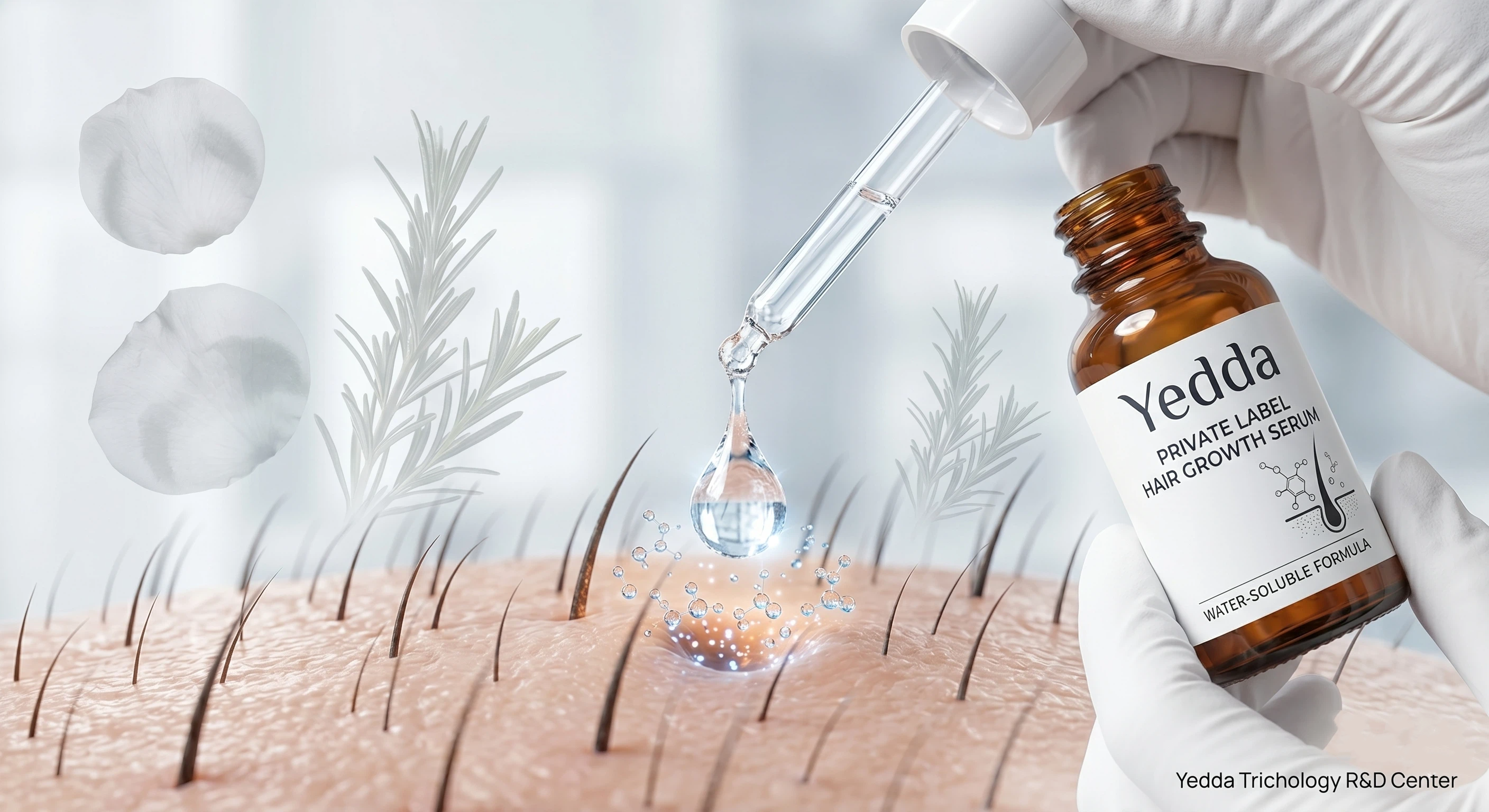 Non-greasy water-soluble textures of private label hair growth serum absorbing into the scalp