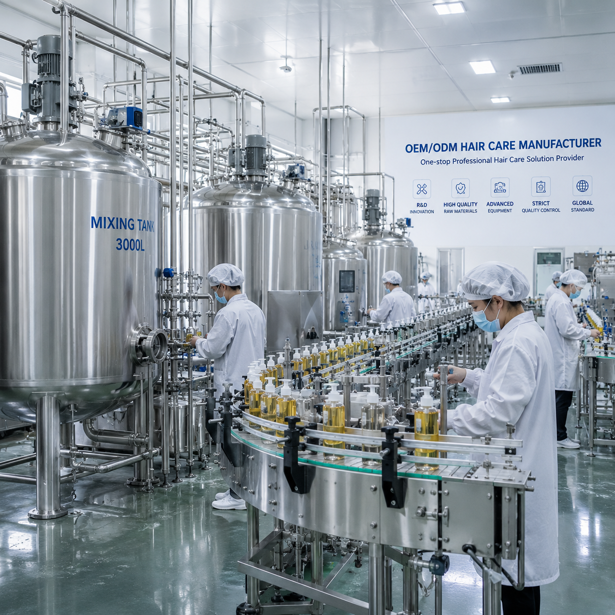 Fábrica profesional de fabricación de champús OEM con línea de producción automatizada