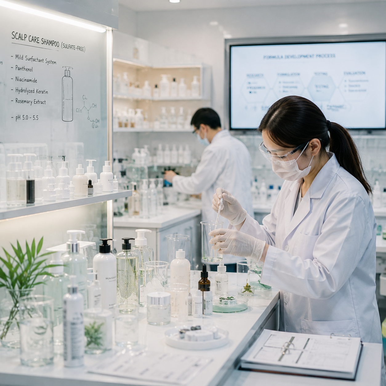 Laboratorio de desarrollo de fórmulas de champús OEM con químicos cosméticos