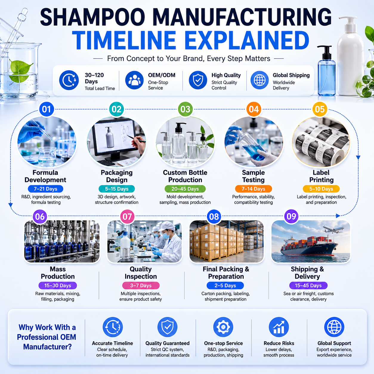 Shampoo manufacturing timeline infographic for private label hair care production.png