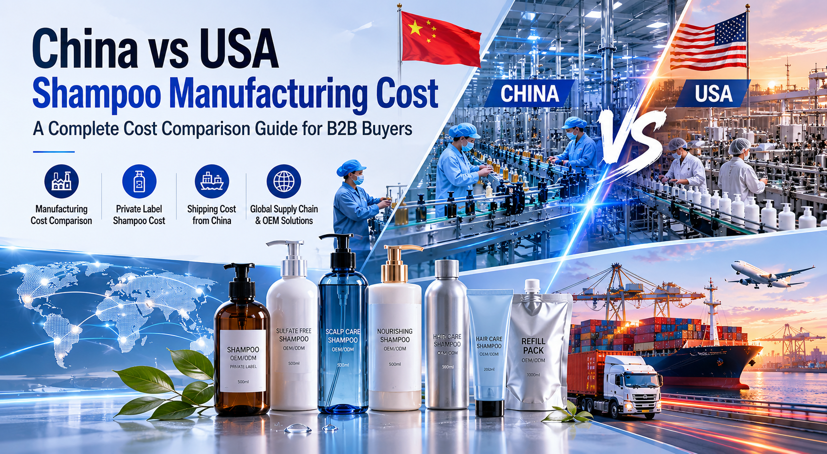 Coste de fabricación de champú en China frente a EE. UU.: ¿Qué solución OEM es mejor para las marcas de cuidado capilar? - Related blog article about hair care and cosmetic manufacturing