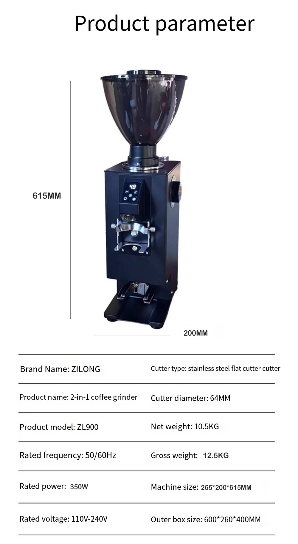 Zilong coffee grinder with automatic tamper