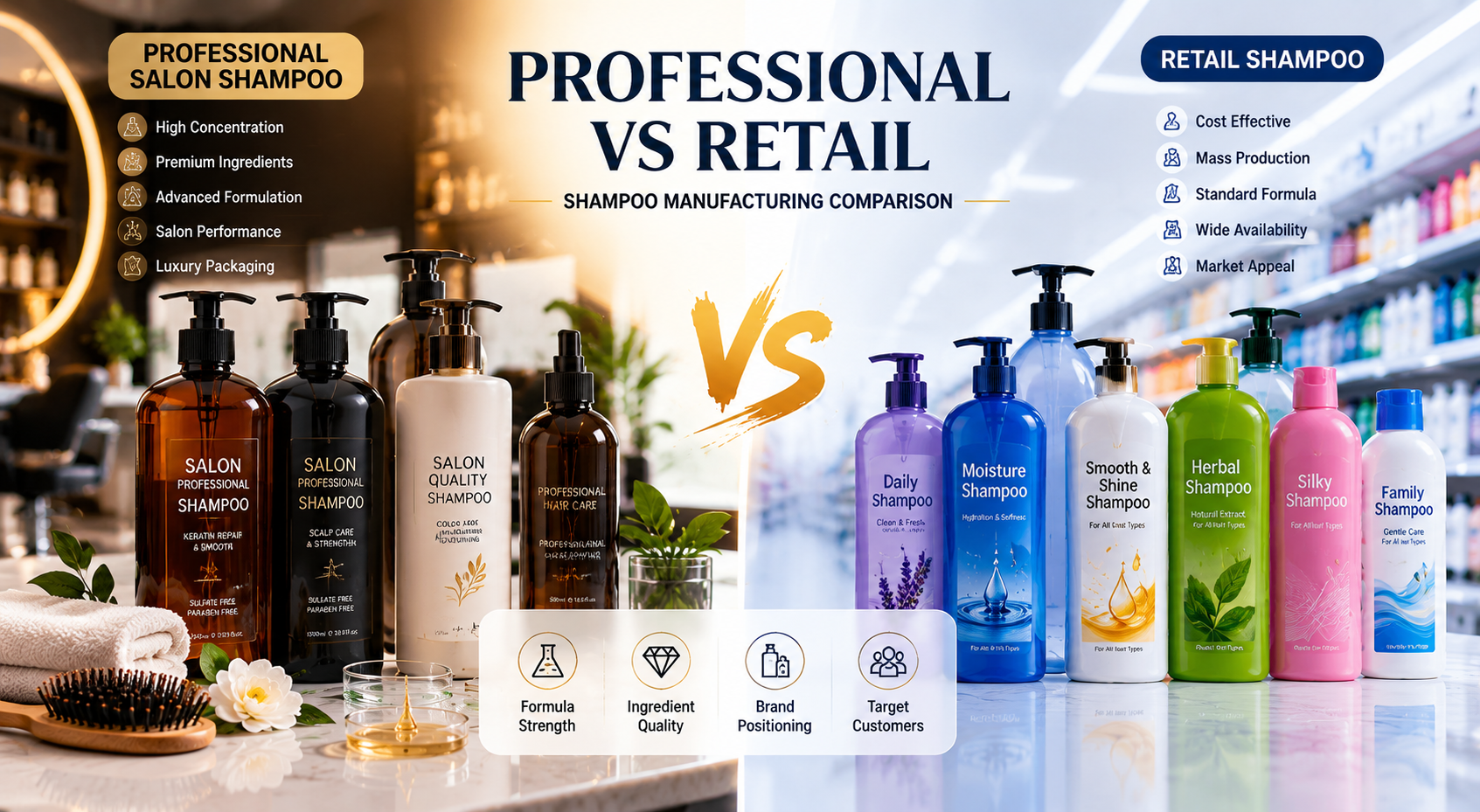 Professional vs retail shampoo manufacturing and packaging comparison