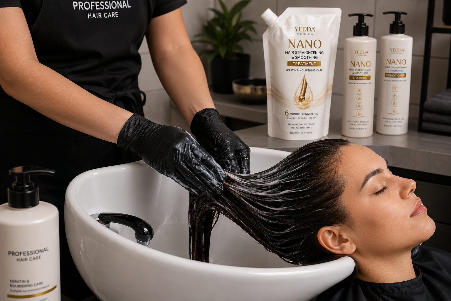Salon hair treatment application using a professional hair care system.png