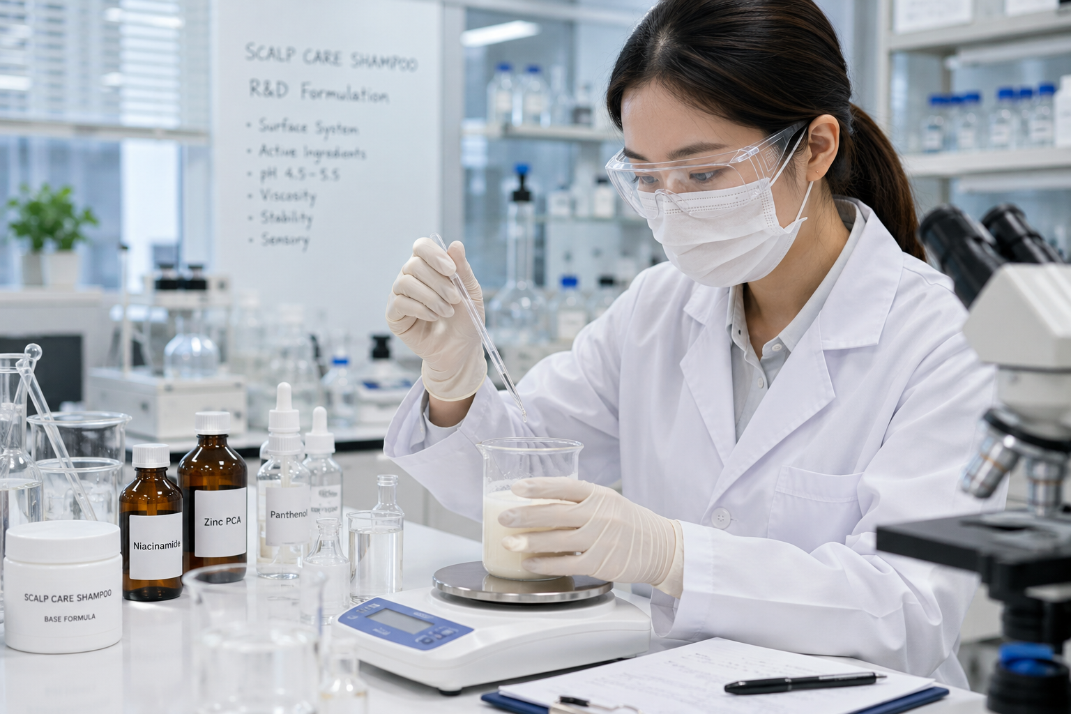 化粧品化学者が研究室でシャンプーを調合している
