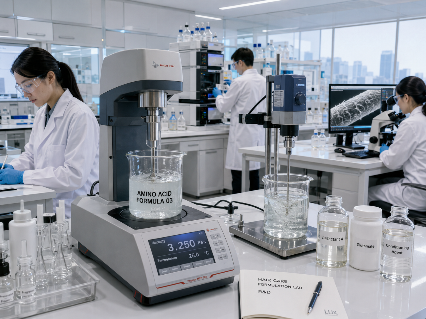 Pruebas de formulación para el cuidado del cabello en laboratorio