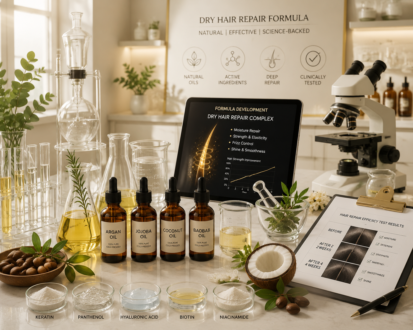 Dry hair repair formula laboratory testing