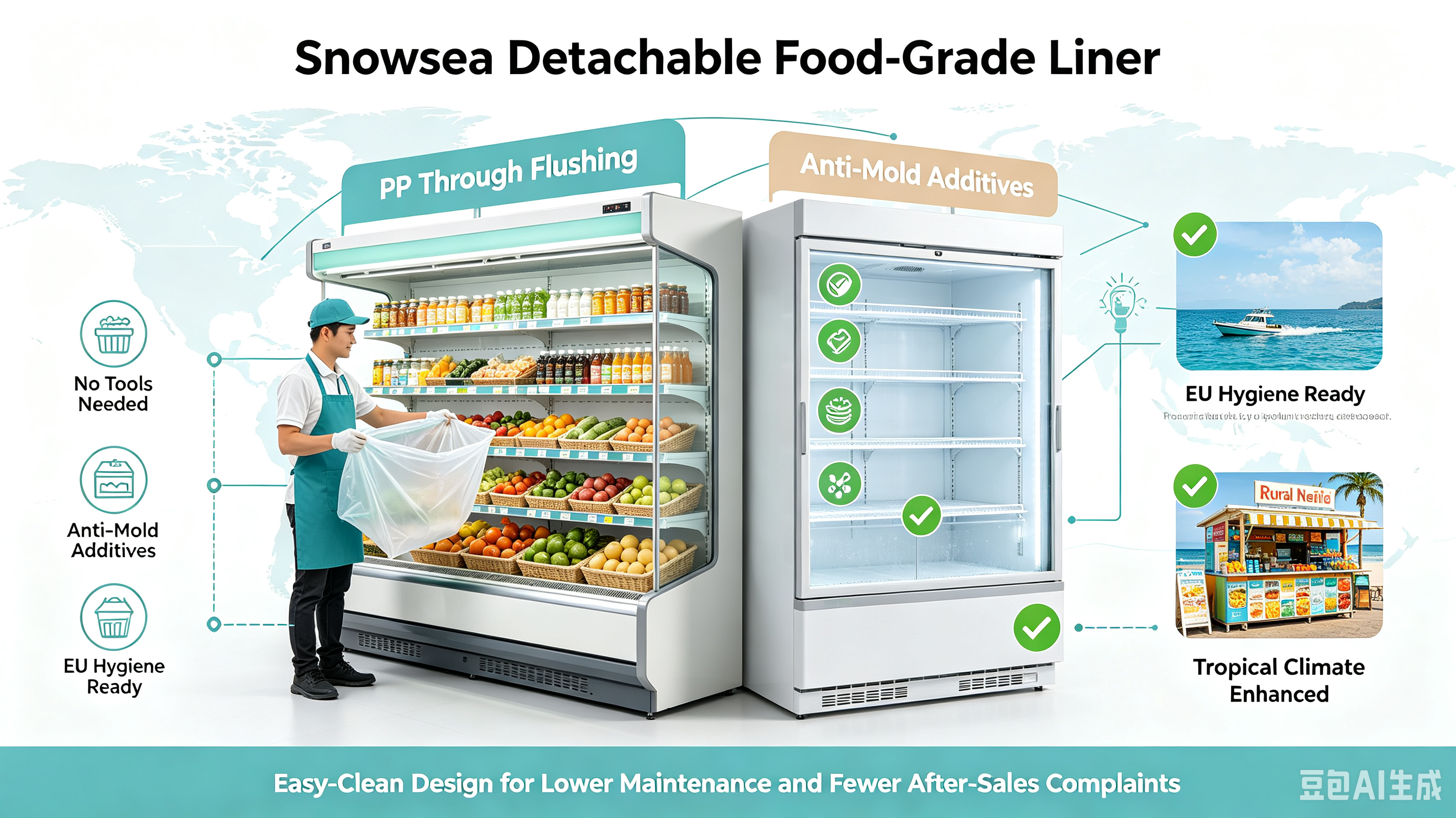 Detachable Cleanable Internal Liner – Snowsea Food-Grade Easy-Wash Cabinet Fit EU Hygiene Inspection & Tropical High-Humidity Shops