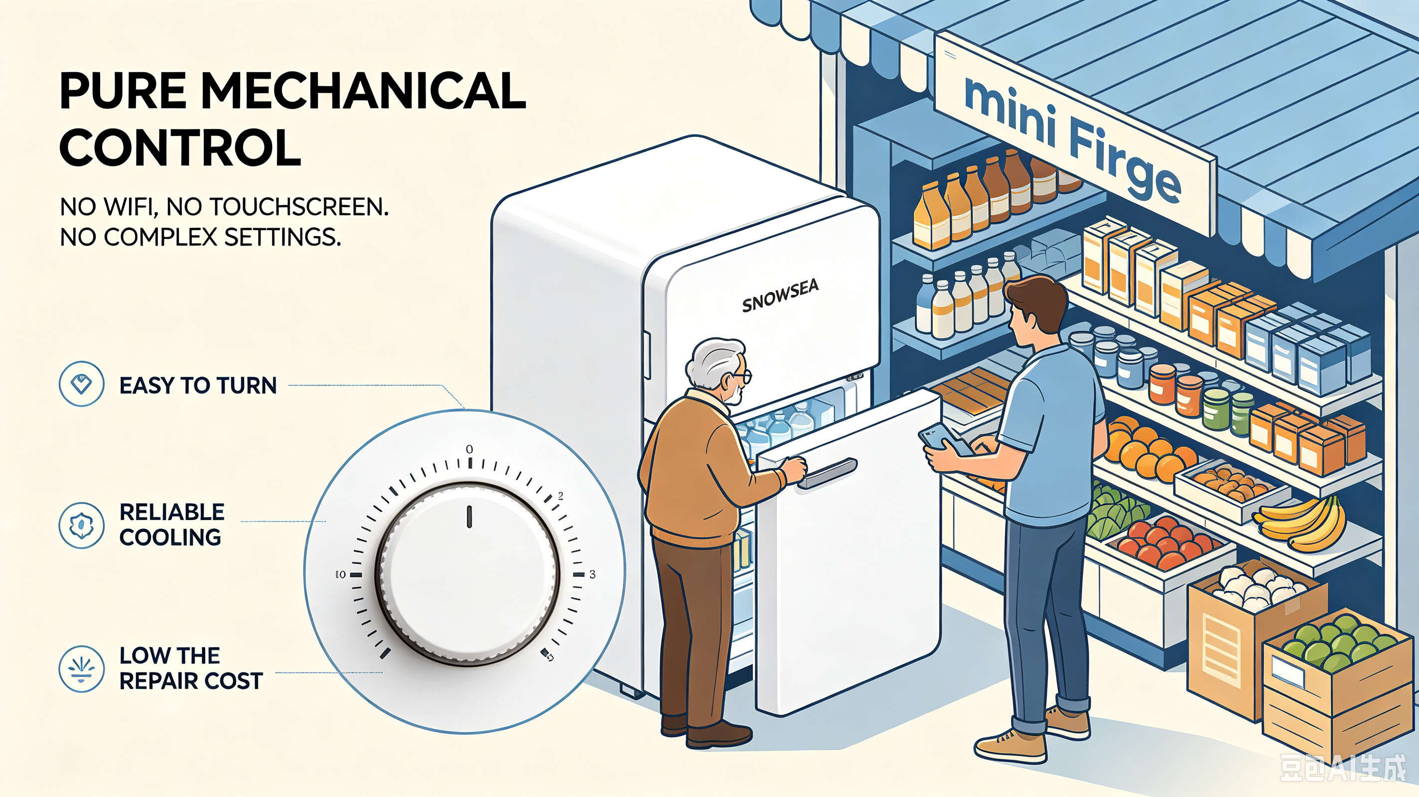 Pure Mechanical Thermostat Mini Fridge – No Smart Premium, Usable by County Elderly and Young Renters Alike