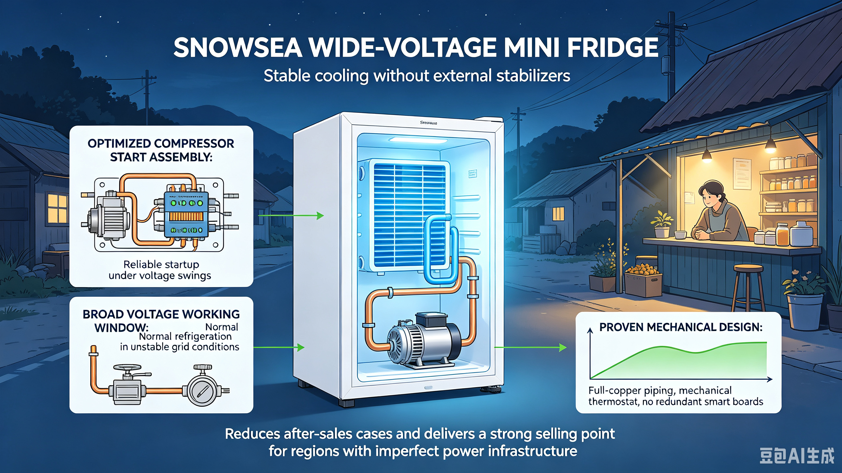 Alt=“Internal component close‑up: Snowsea optimized starter assembly supporting wide‑voltage compressor startup under unstable power input”