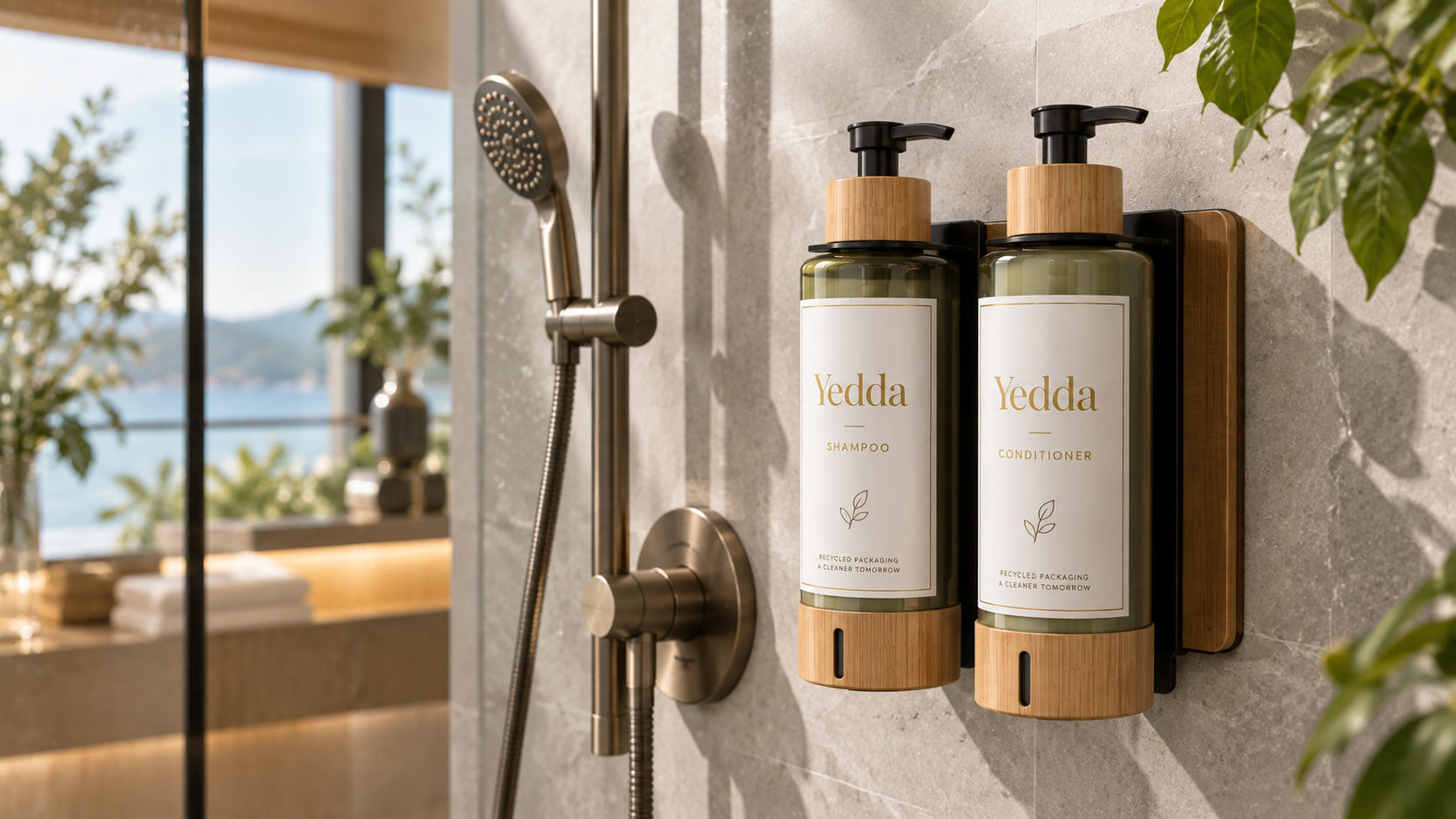 Sustainable hotel hair care refillable packaging Yedda