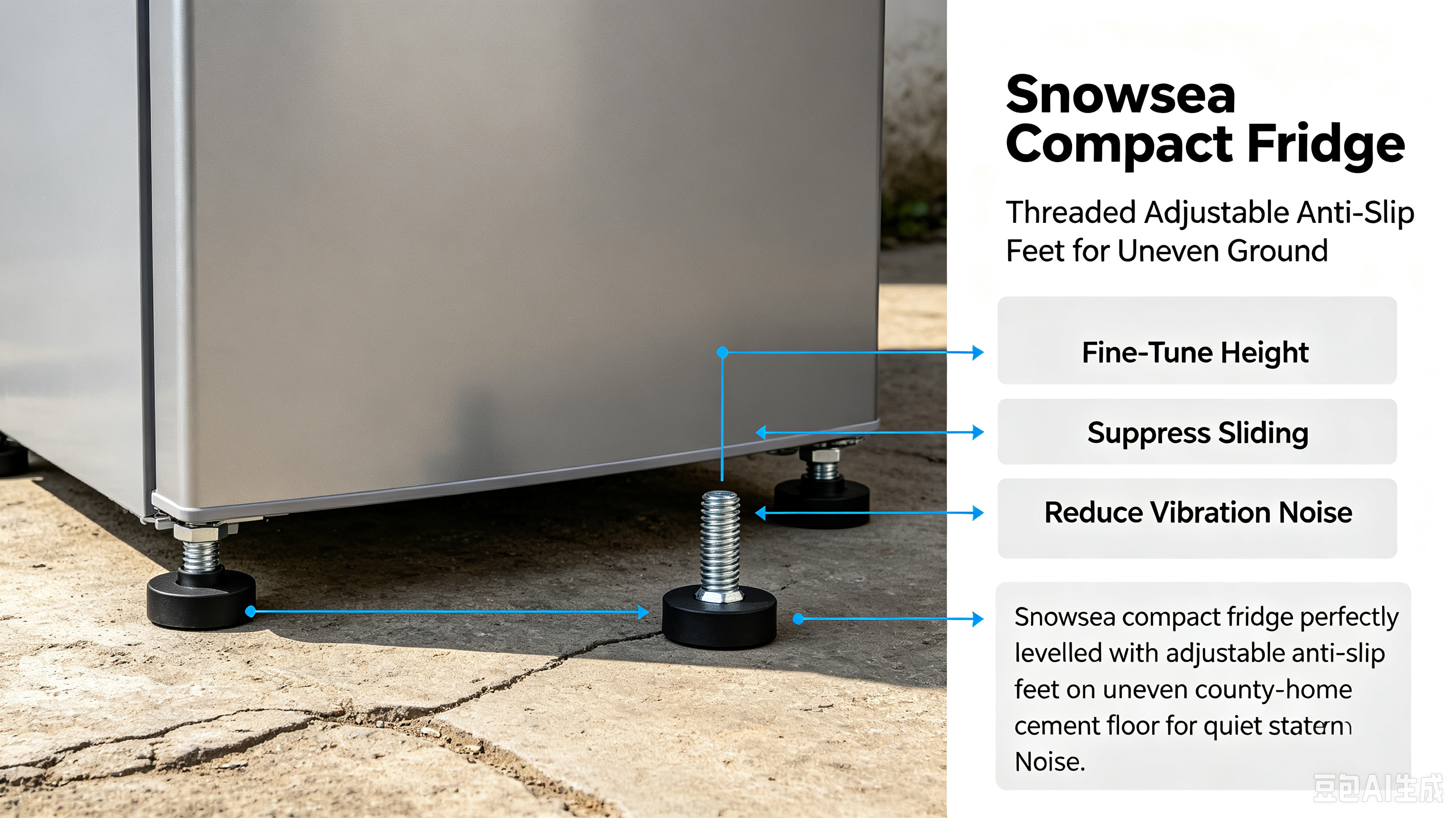 Alt=“Snowsea compact fridge levelled by twisting adjustable anti‑slip feet on uneven cement floor inside county‑town rural household room”
