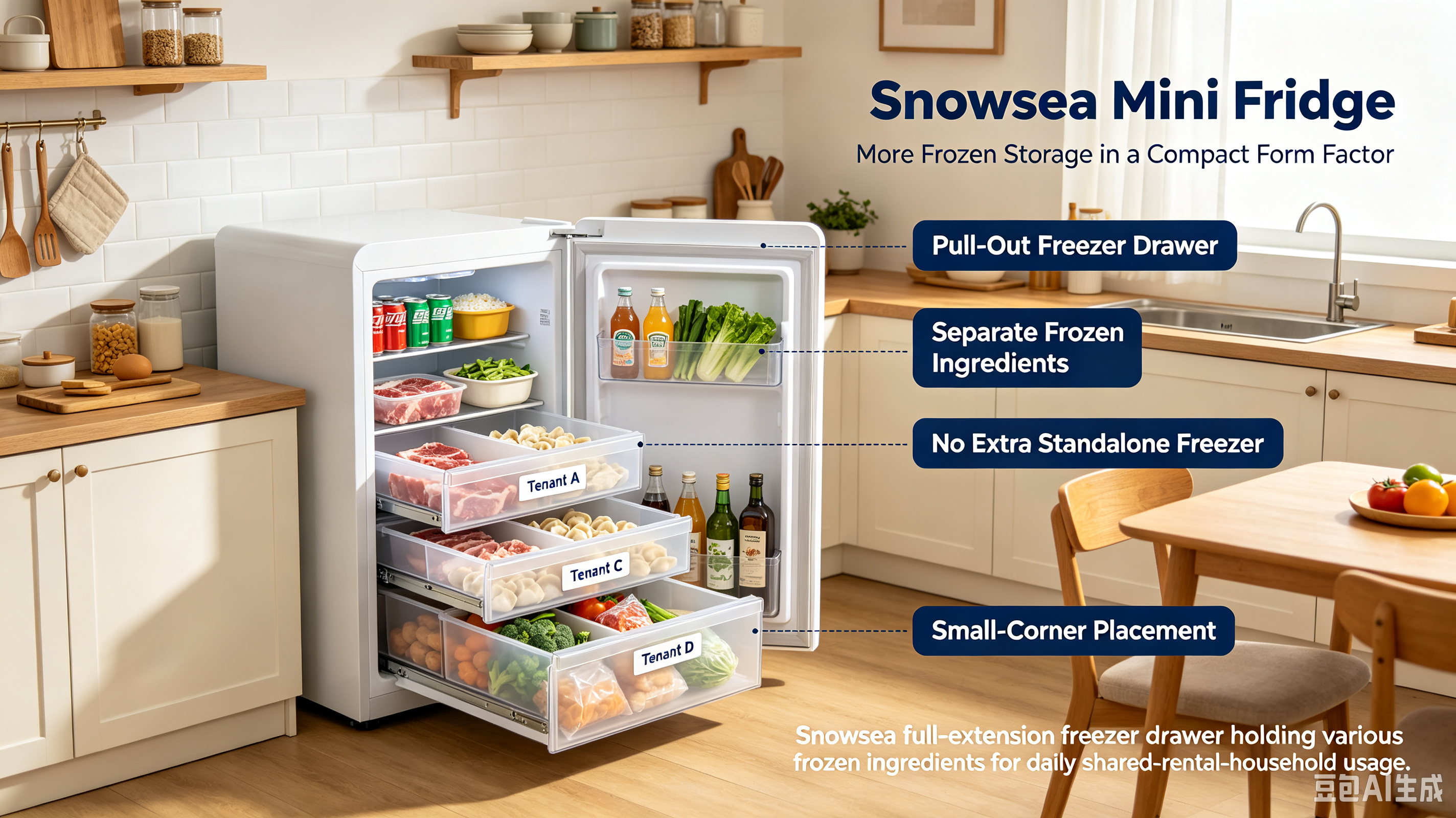 Alt=“Interior contrast: Snowsea enlarged freezer drawer vs tiny shallow freezer compartment on ordinary budget single‑door mini‑fridge”
