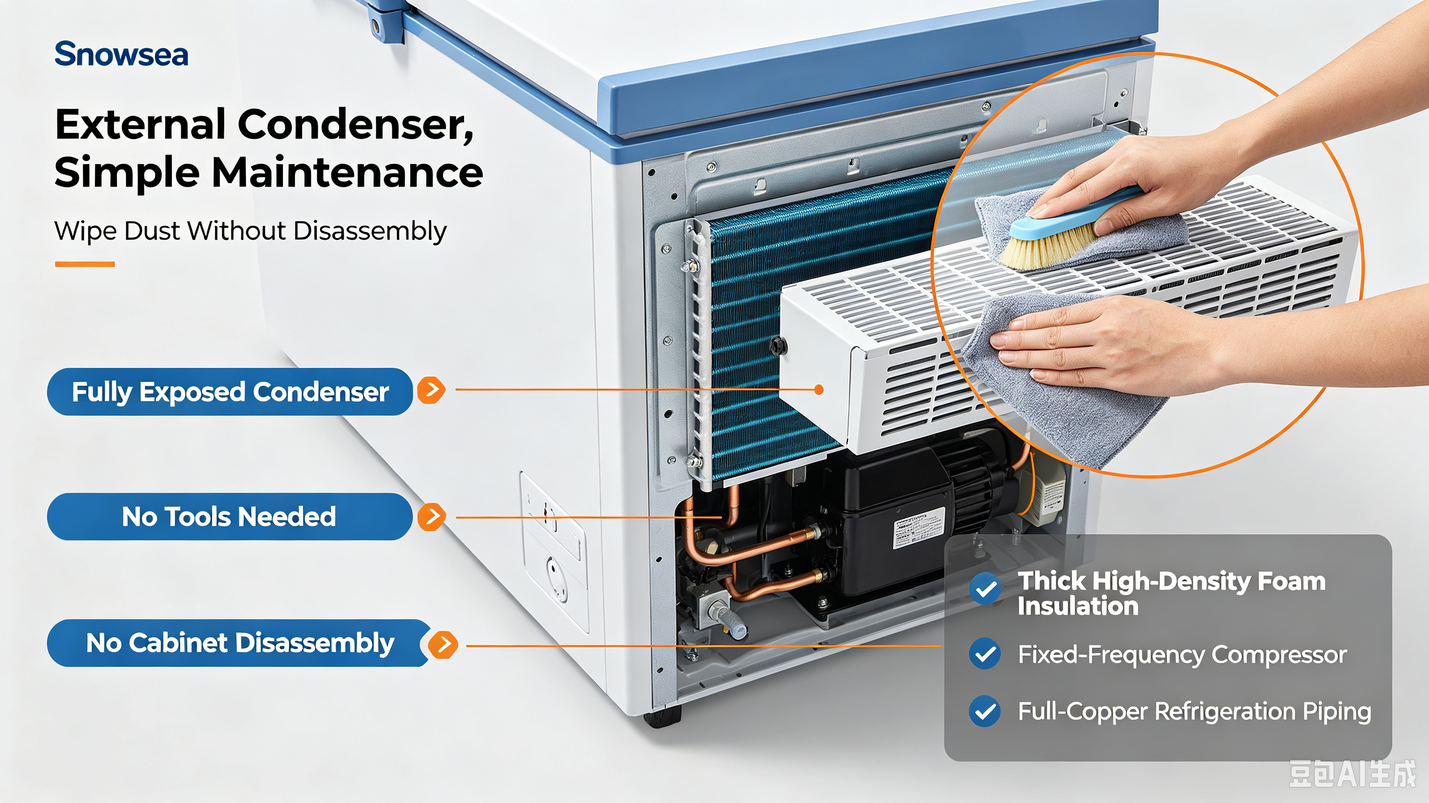 Alt=“Structure contrast: Snowsea accessible external condenser vs fully‑enclosed hard‑to‑clean condenser on ordinary low‑cost chest freezer”