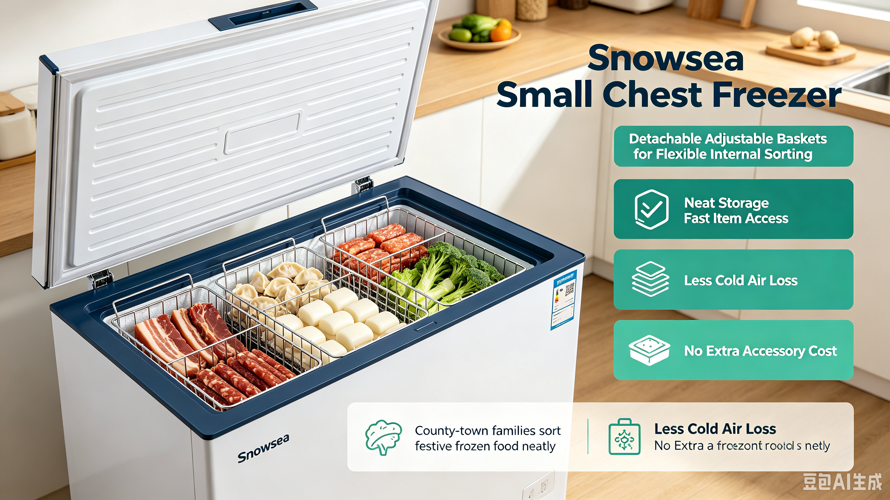 Alt=“Snowsea small chest freezer with multiple adjustable metal baskets sorting dumplings, cured meat and fish inside county‑town household kitchen”