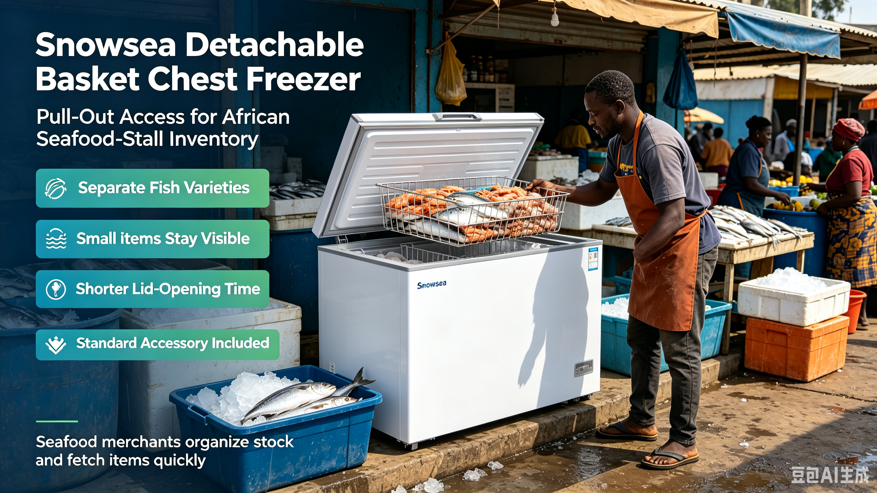 Alt=“Basket‑structure shot: Snowsea detachable movable freezer baskets re‑arranged to adapt different‑size frozen goods in African fish stall scenario”
