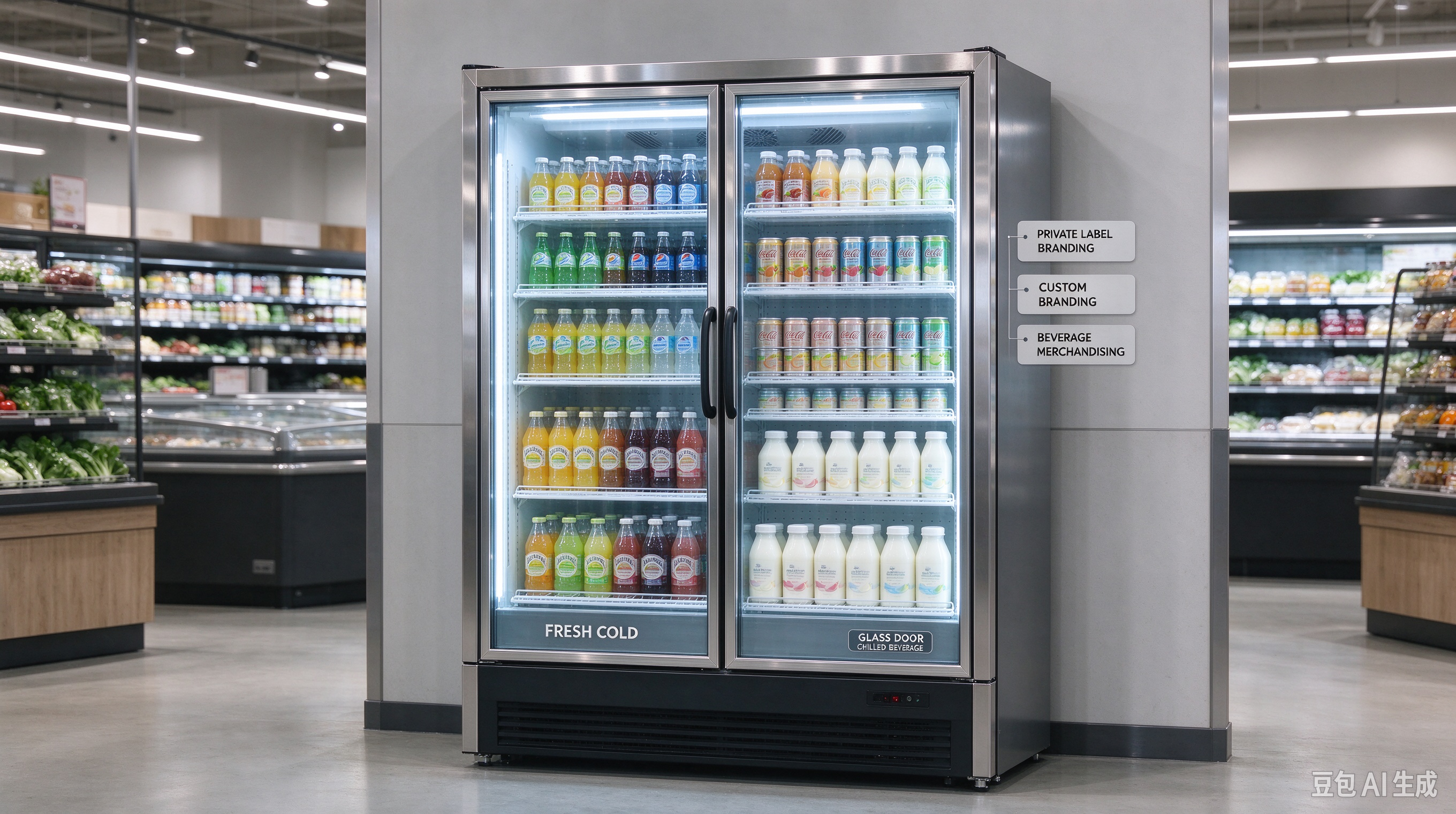 Alt=“Refrigerador vertical personalizado con puerta de vidrio y marca privada para la comercialización de bebidas refrigeradas”
