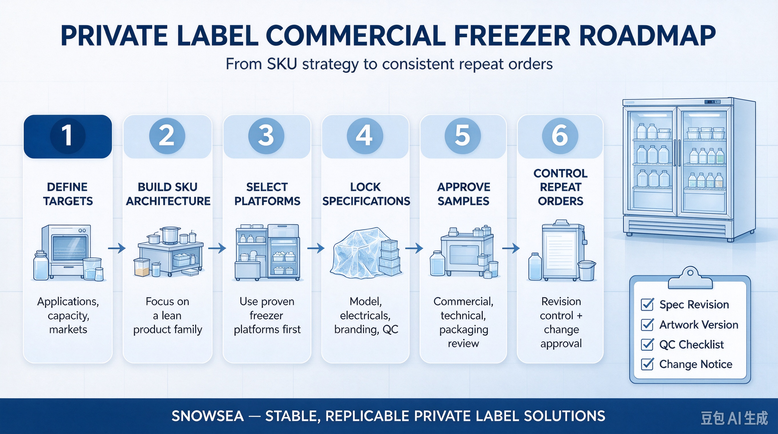 Alt=”Infografía horizontal del flujo de trabajo de la implementación del proyecto de congeladores comerciales de marca propia de Snowsea, planificación lean de SKU, verificación de muestras, inspección de control de calidad y control de cambios de pedidos repetidos.