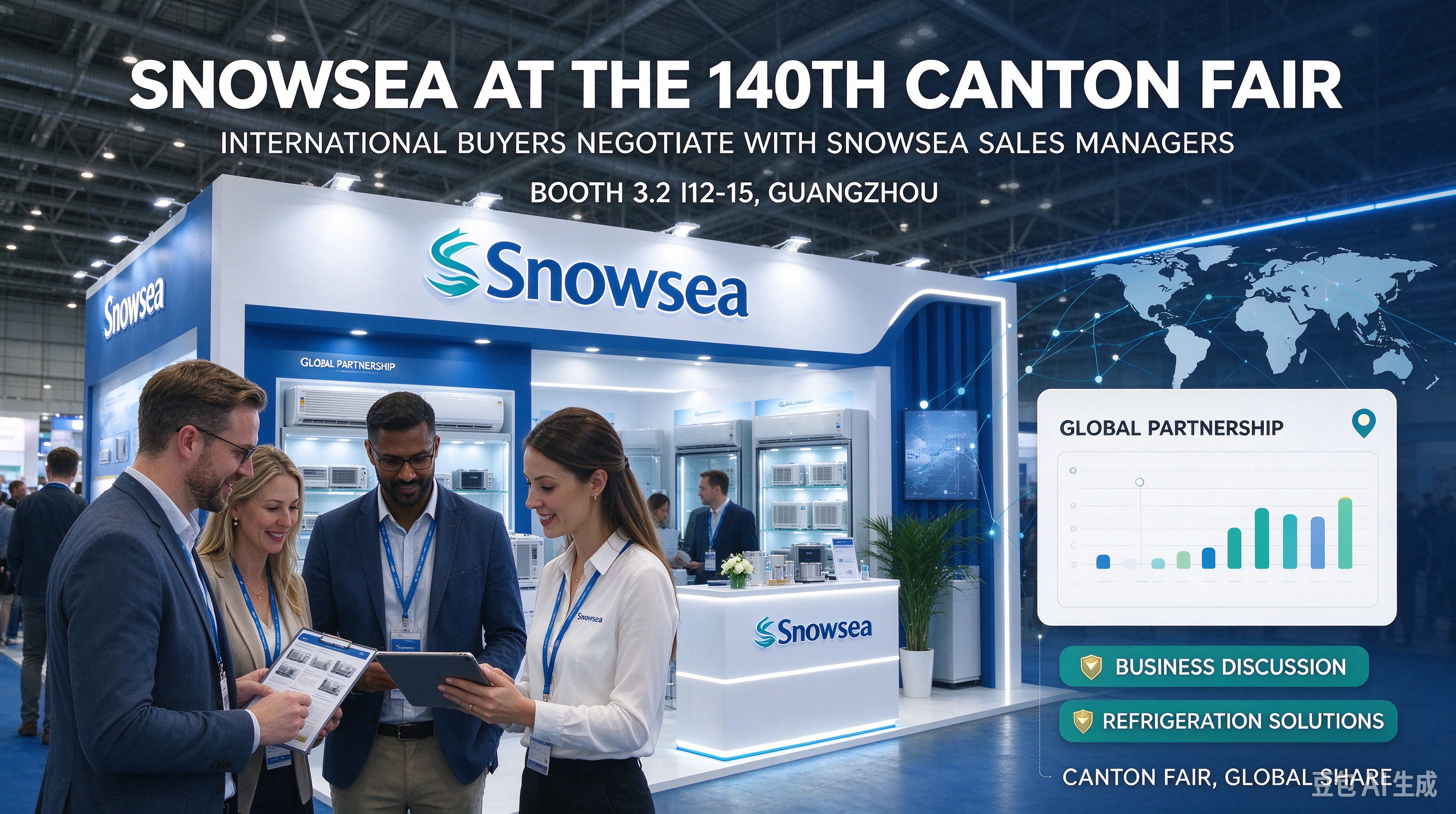 Alt=“Compradores internacionales de varios países negocian con los gerentes de ventas de Snowsea en el stand 3.2 I12-15 de la 140.ª Feria de Cantón en Guangzhou”