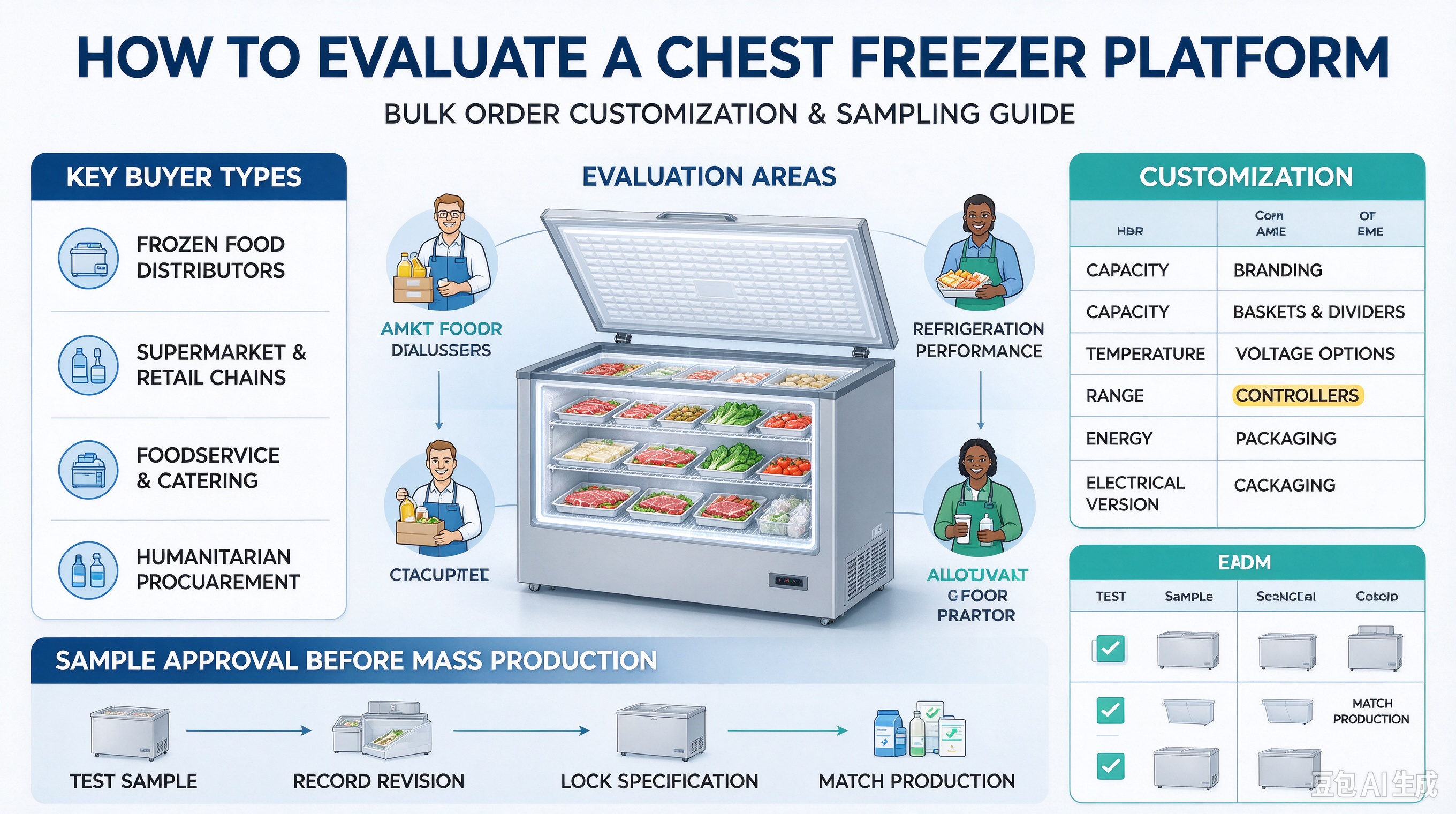Alt=&ldquo;Rows of white commercial chest freezers on a production line at a chest freezer manufacturer factory&rdquo;