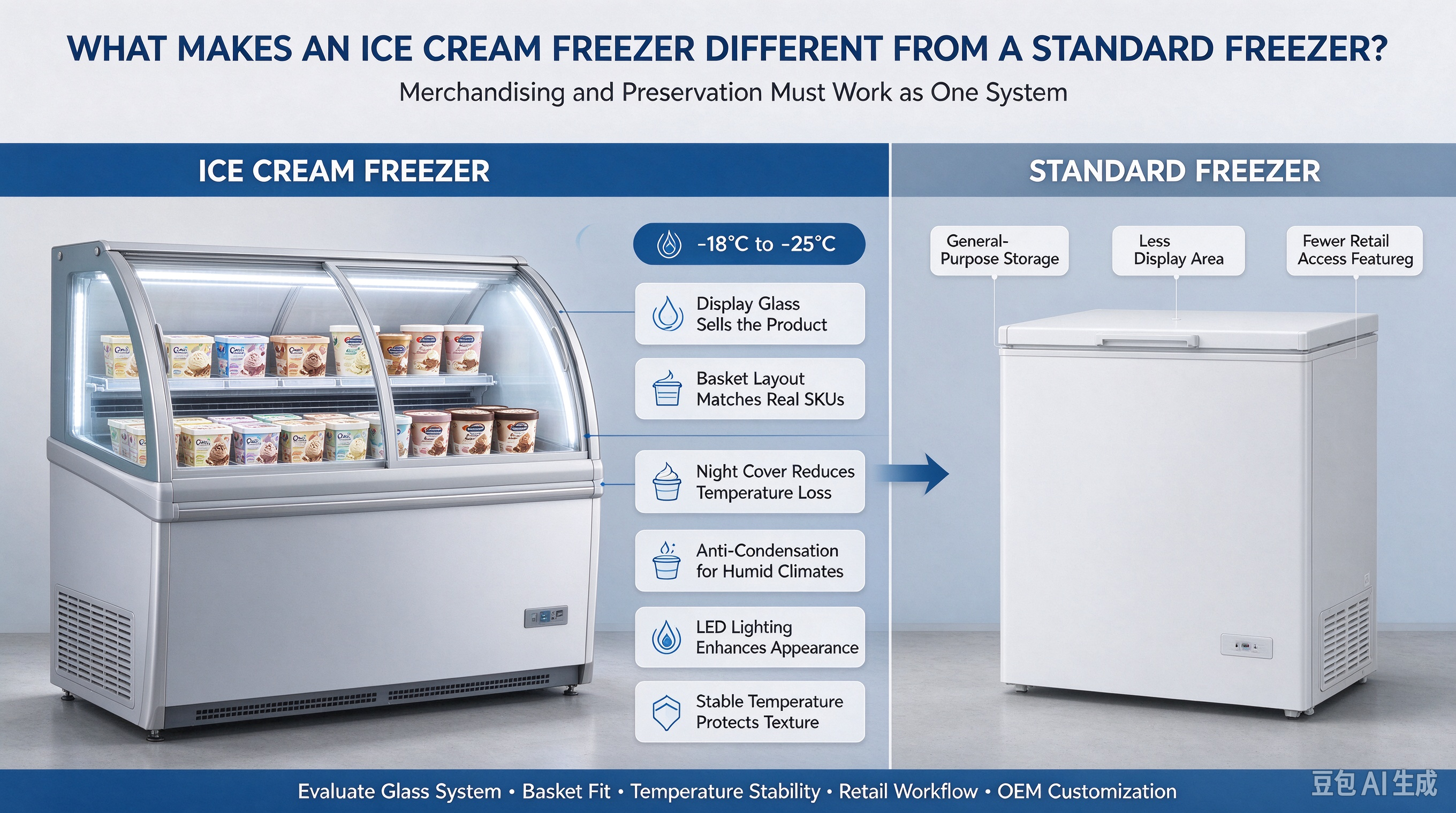 Alt=&ldquo;Curved glass ice cream freezers in a supermarket aisle with branded graphics and LED lighting&rdquo;