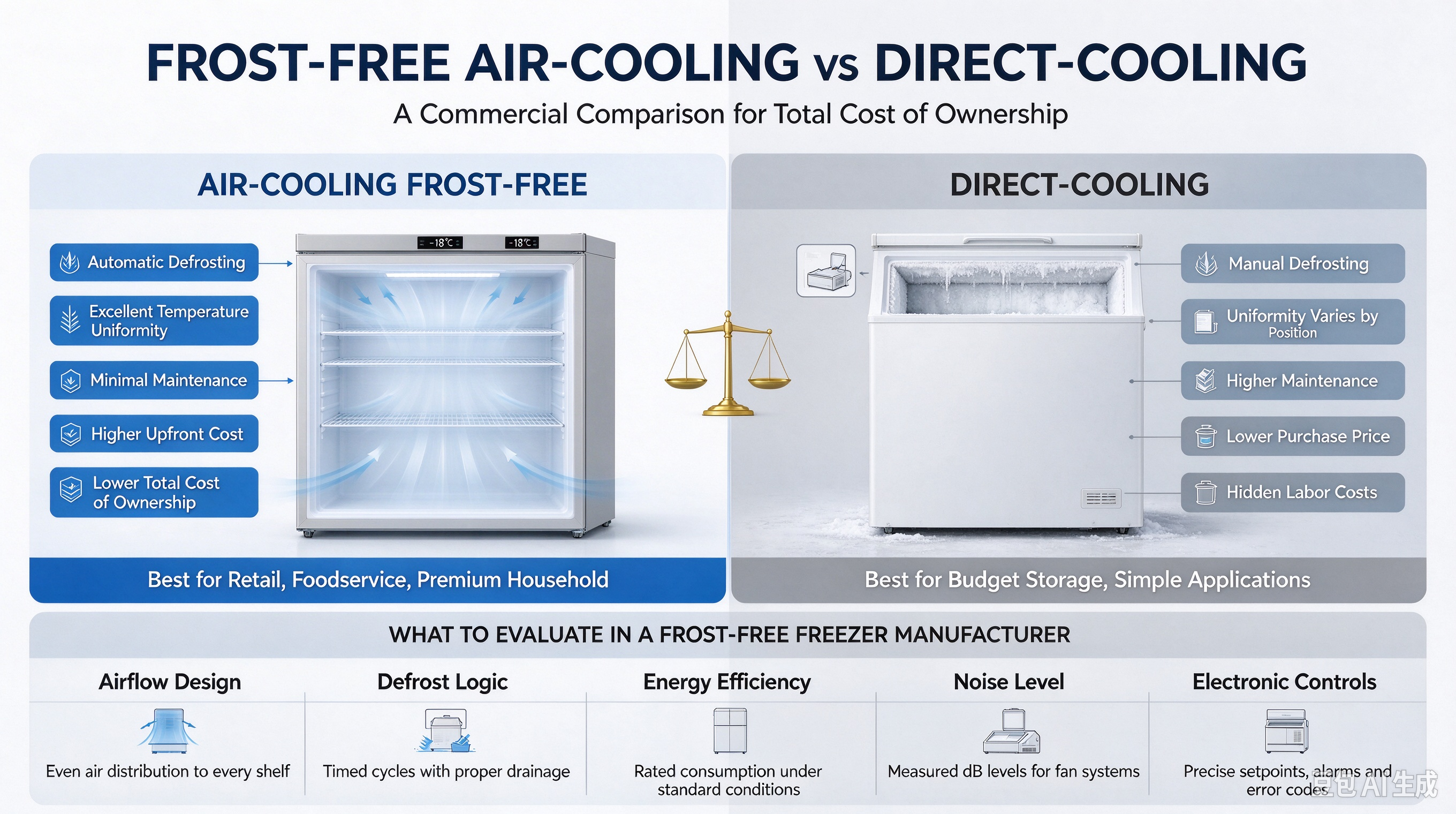 Alt=&ldquo;Row of no-frost commercial freezers with digital temperature controllers in an appliance showroom&rdquo;