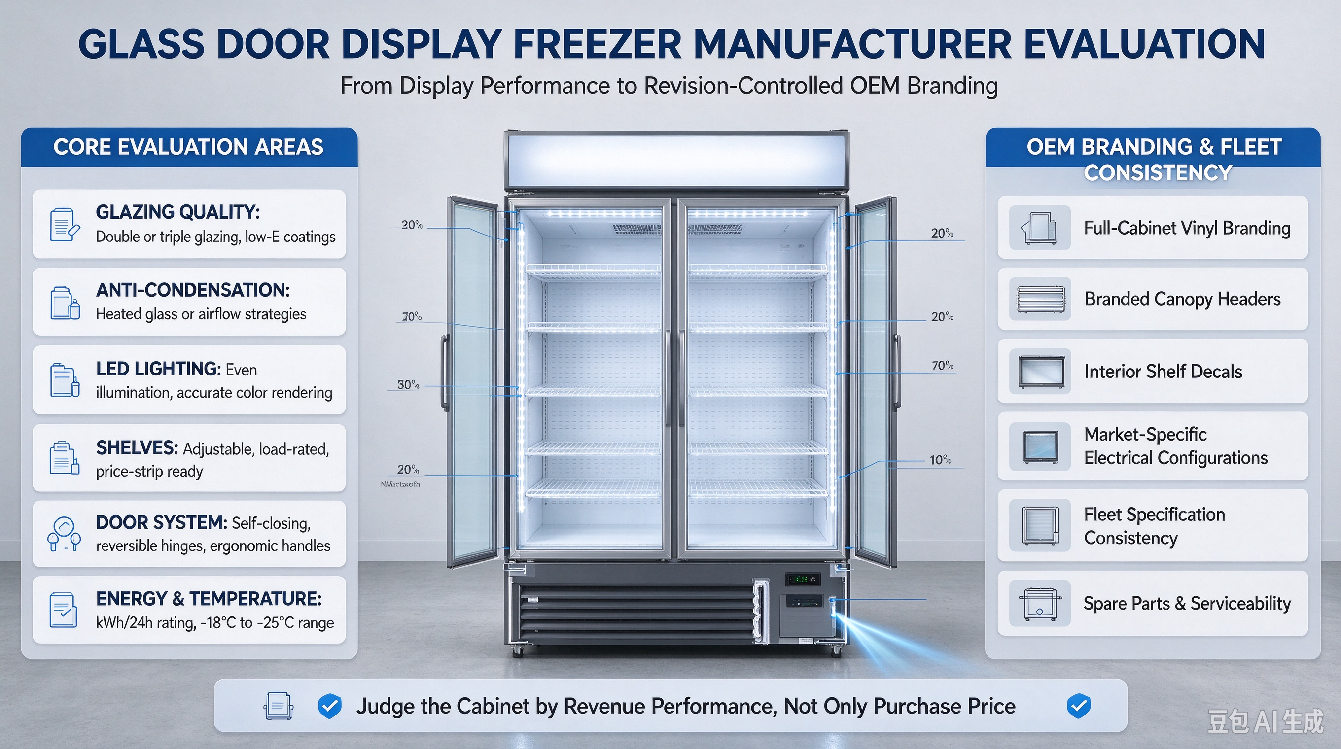 Alt=&ldquo;Close-up of a branded double-door display freezer with LED canopy lighting and anti-condensation glass&rdquo;