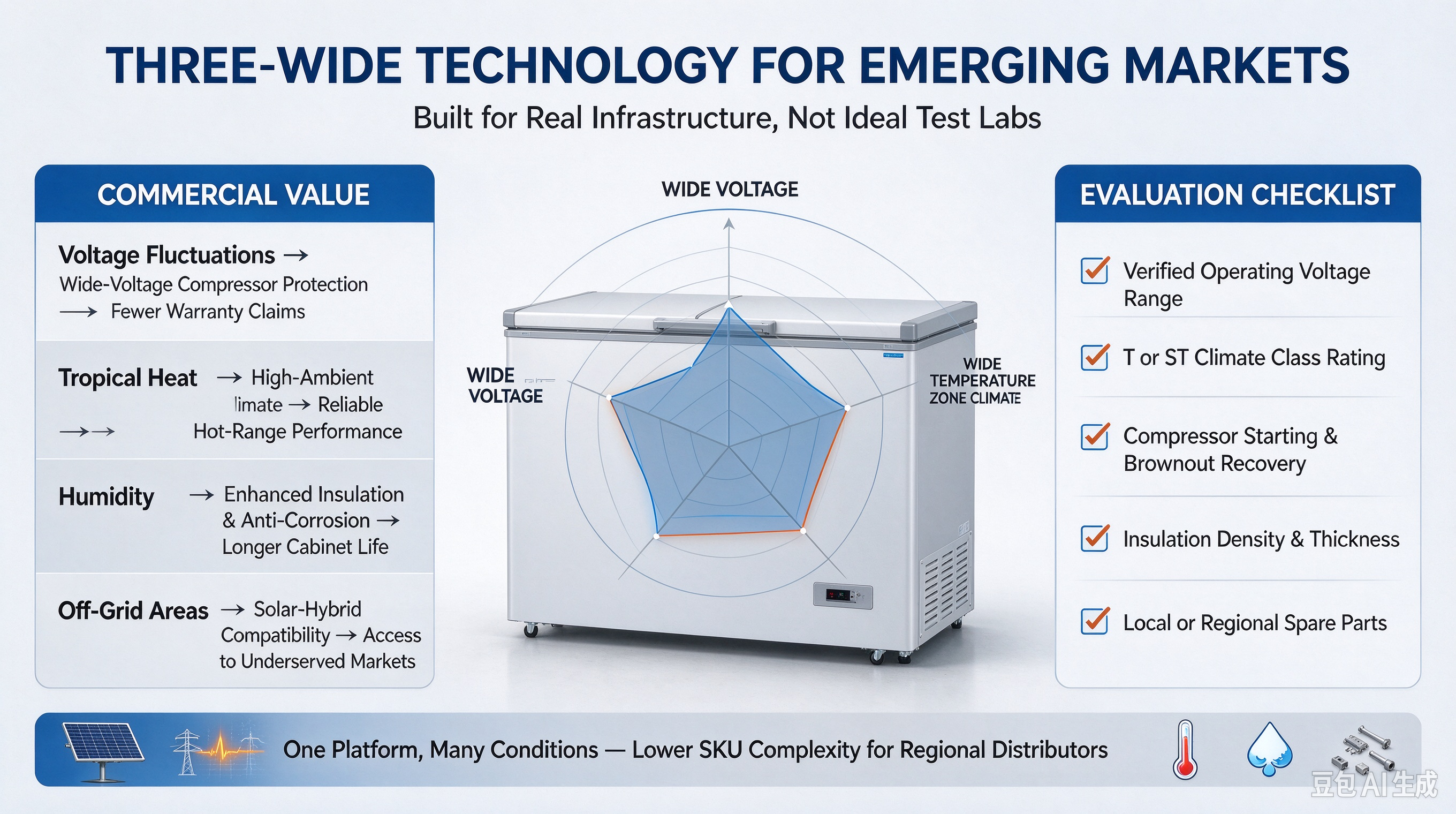 Alt=&ldquo;2B infographic of Snowsea Three-Wide Technology, wide voltage, wide temperature & wide climate, evaluation guide for freezer distributors in emerging markets.&rdquo;