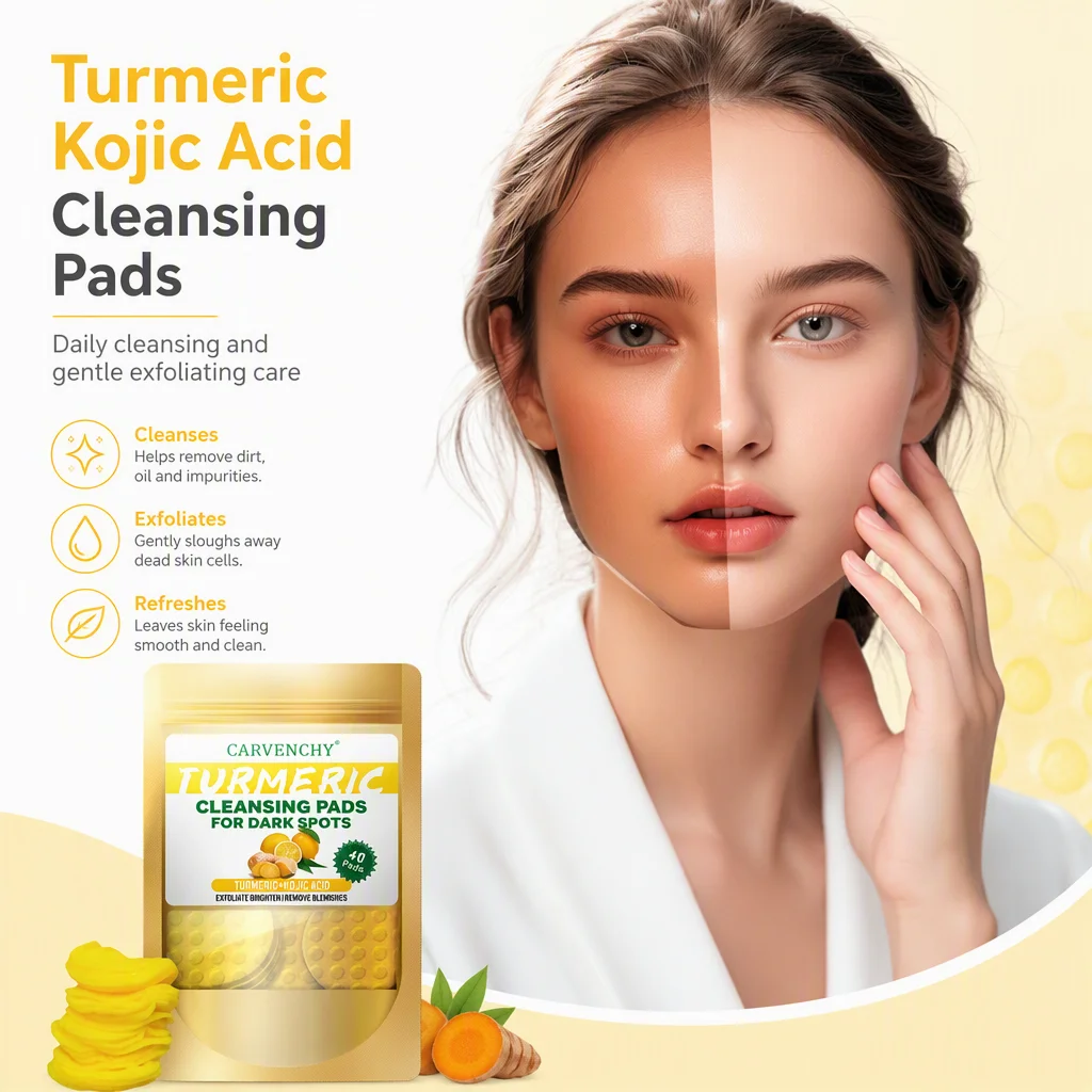 OEM/ODM Herbal Stock Kojic Acid Cleansing Pads 40pads Gentle Exfoliating Cotton Sheet with Turmeric for Facial Care