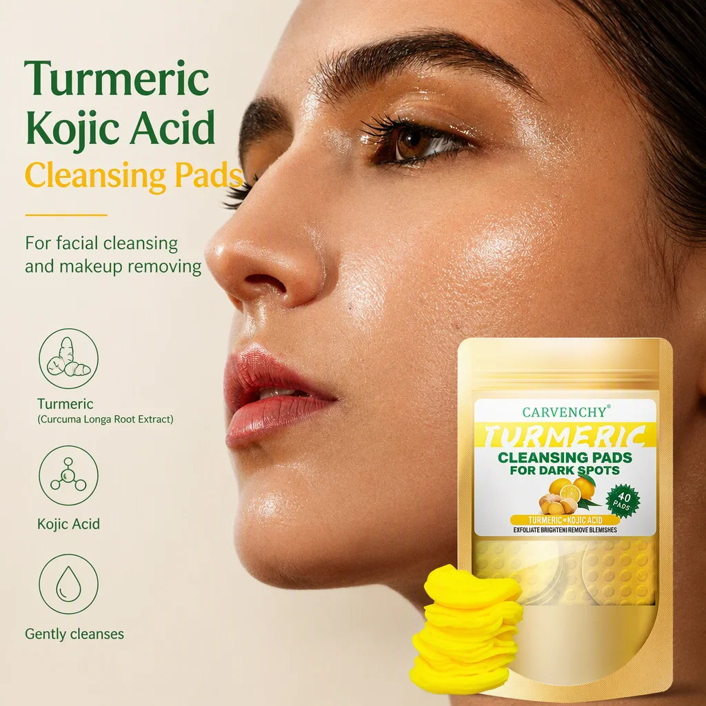 OEM/ODM Herbal Stock Kojic Acid Cleansing Pads 40pads Gentle Exfoliating Cotton Sheet with Turmeric for Facial Care