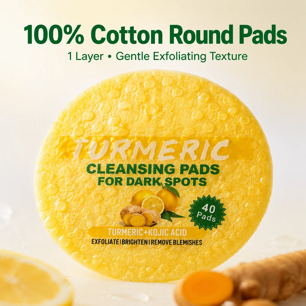 OEM/ODM Herbal Stock Kojic Acid Cleansing Pads 40pads Gentle Exfoliating Cotton Sheet with Turmeric for Facial Care