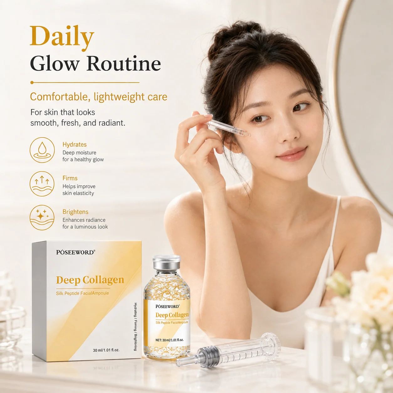 Deep Collagen Silk Peptide Facial Ampoule Hydrating Firming Brightening Fast-Absorbing Serum for Daily Skin Care All Skin Types