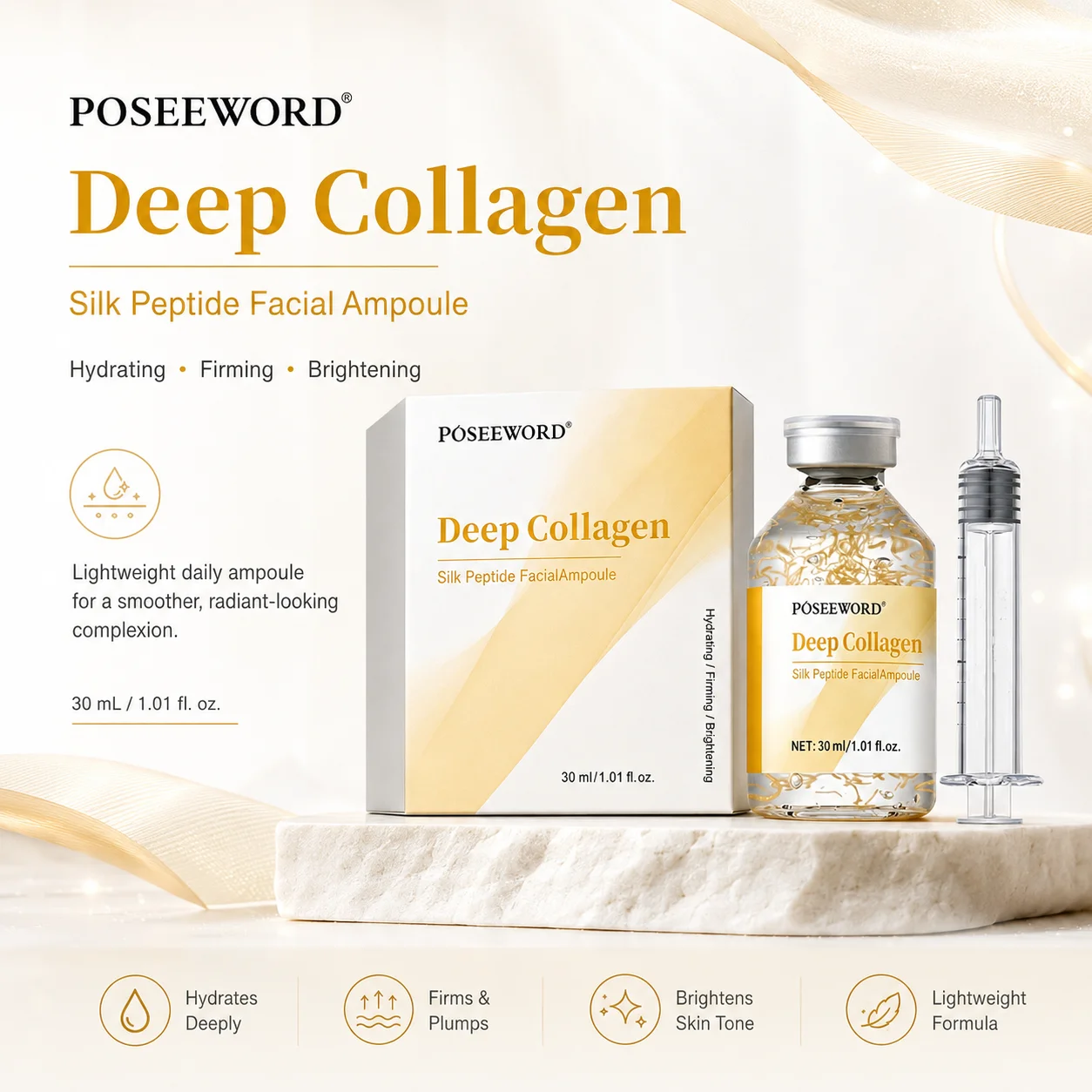 Deep Collagen Silk Peptide Facial Ampoule Hydrating Firming Brightening Fast-Absorbing Serum for Daily Skin Care All Skin Types