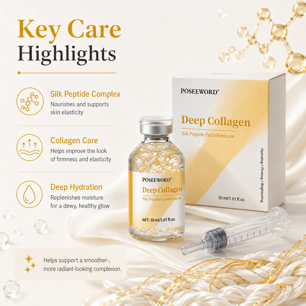 Deep Collagen Silk Peptide Facial Ampoule Hydrating Firming Brightening Fast-Absorbing Serum for Daily Skin Care All Skin Types