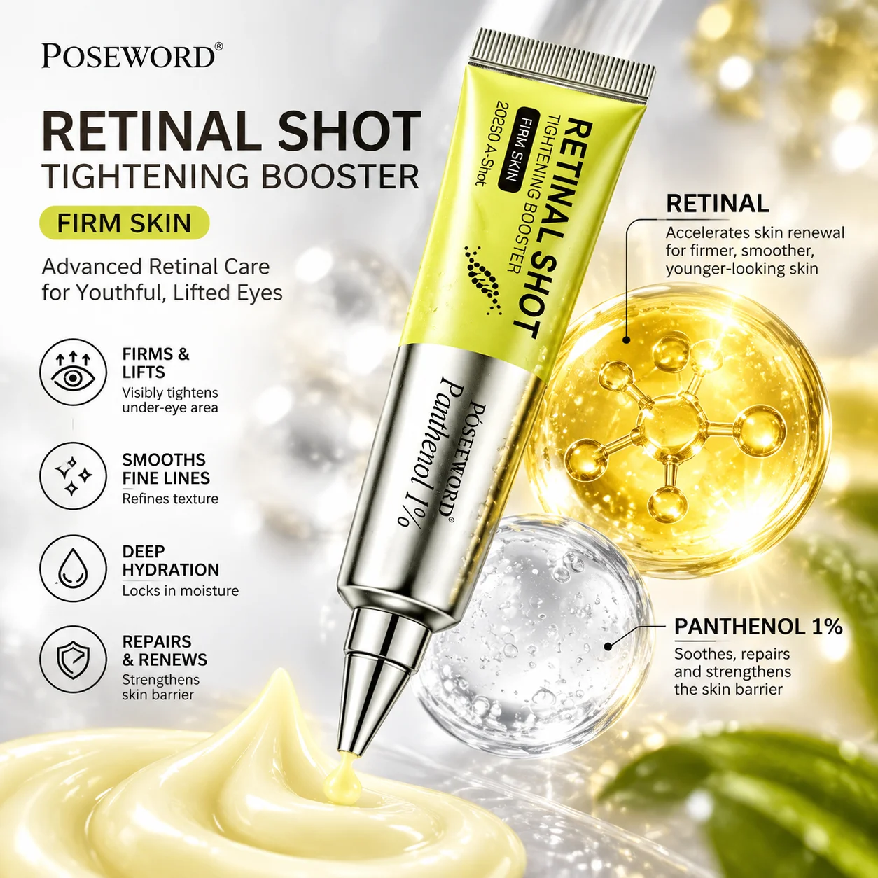 Retinal Shot Tightening Eye Cream with Panthenol Anti Aging Reduce Fine Lines Brighten Dark Circles Deep Hydrating Firm Eye Care